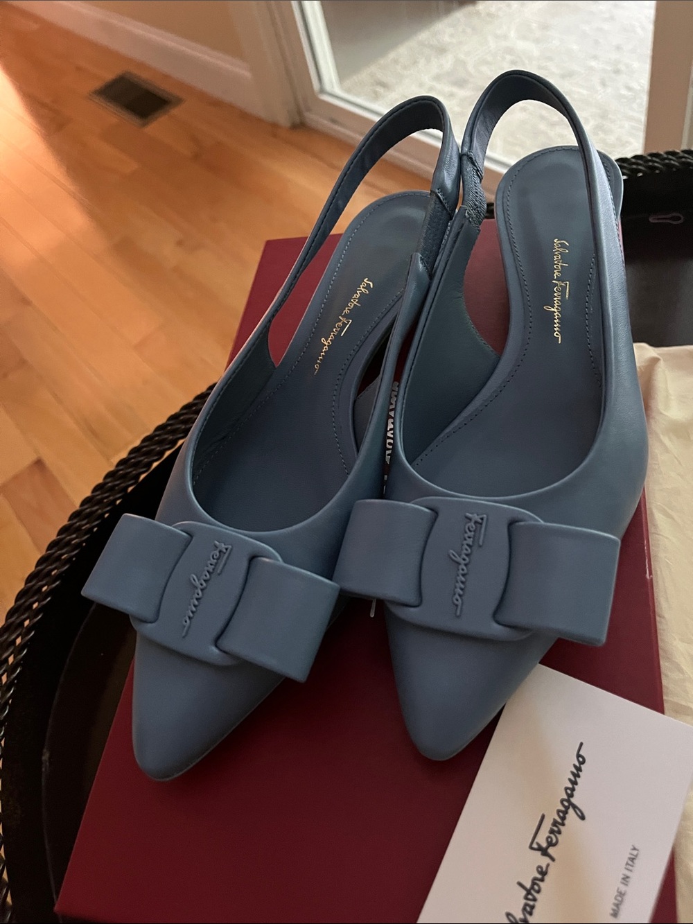 Salvatore Ferragamo Chambray Blue Viva Slingback Flats with Bow.Brand new.
